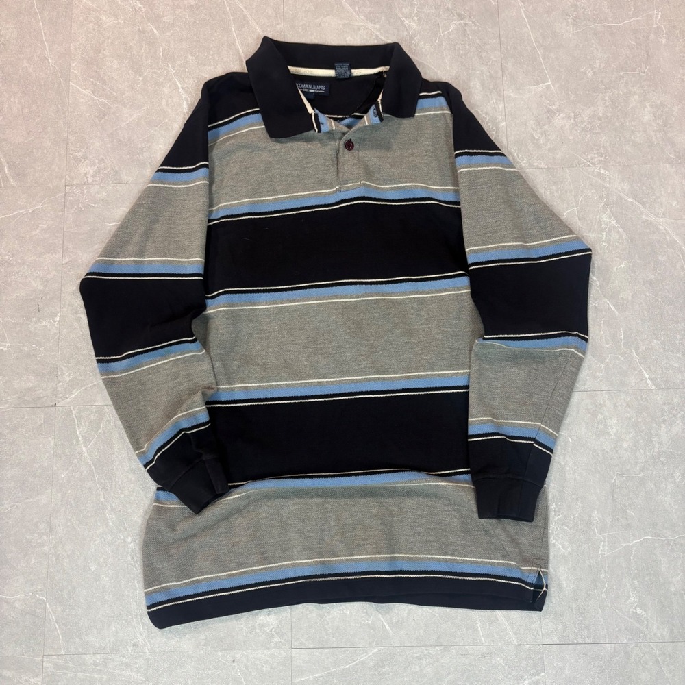 Y2K Gray and white stripped long sleeve rugby polo
